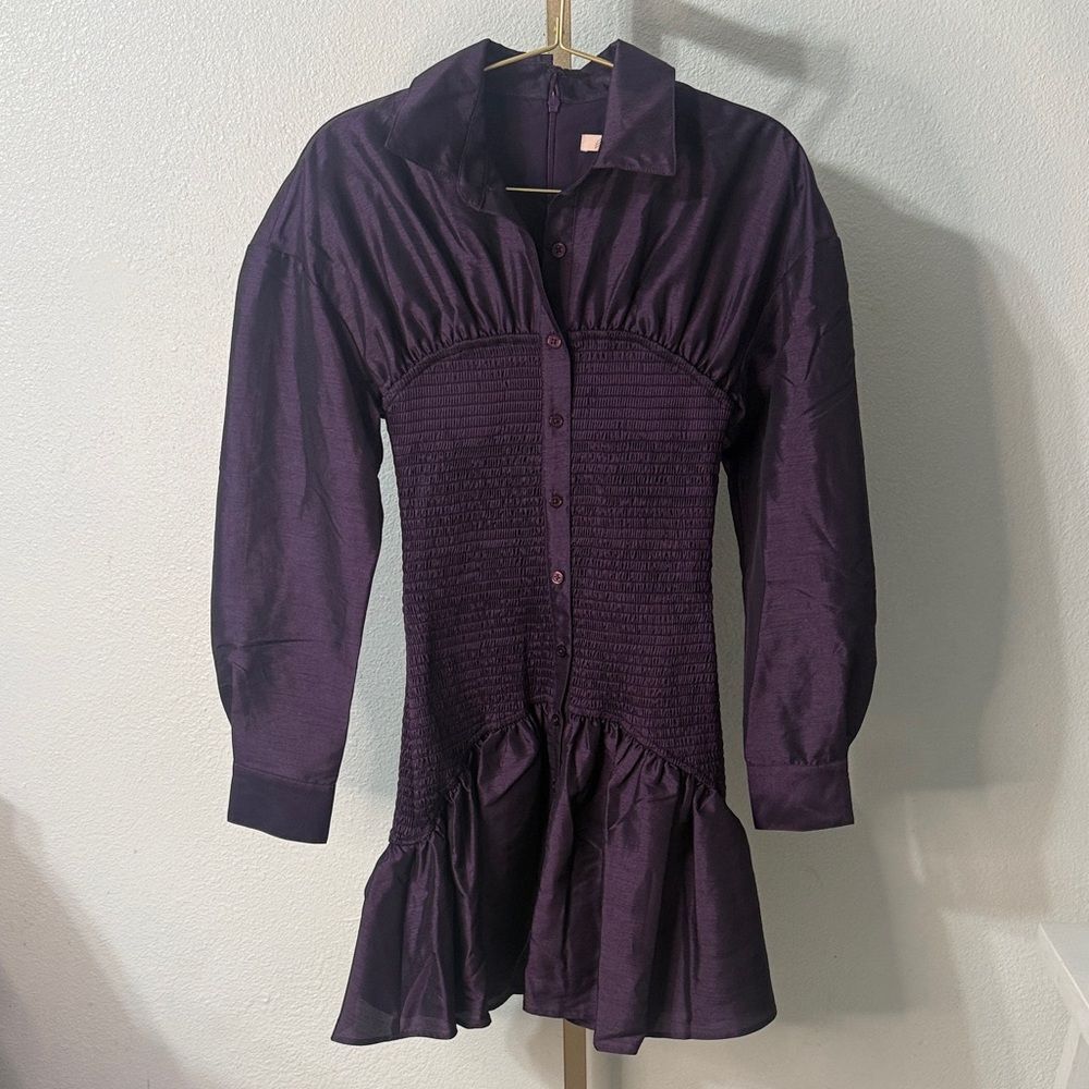 Hutch Purple Smocked Long Sleeve Mini Dress Ruffle Hem- Small